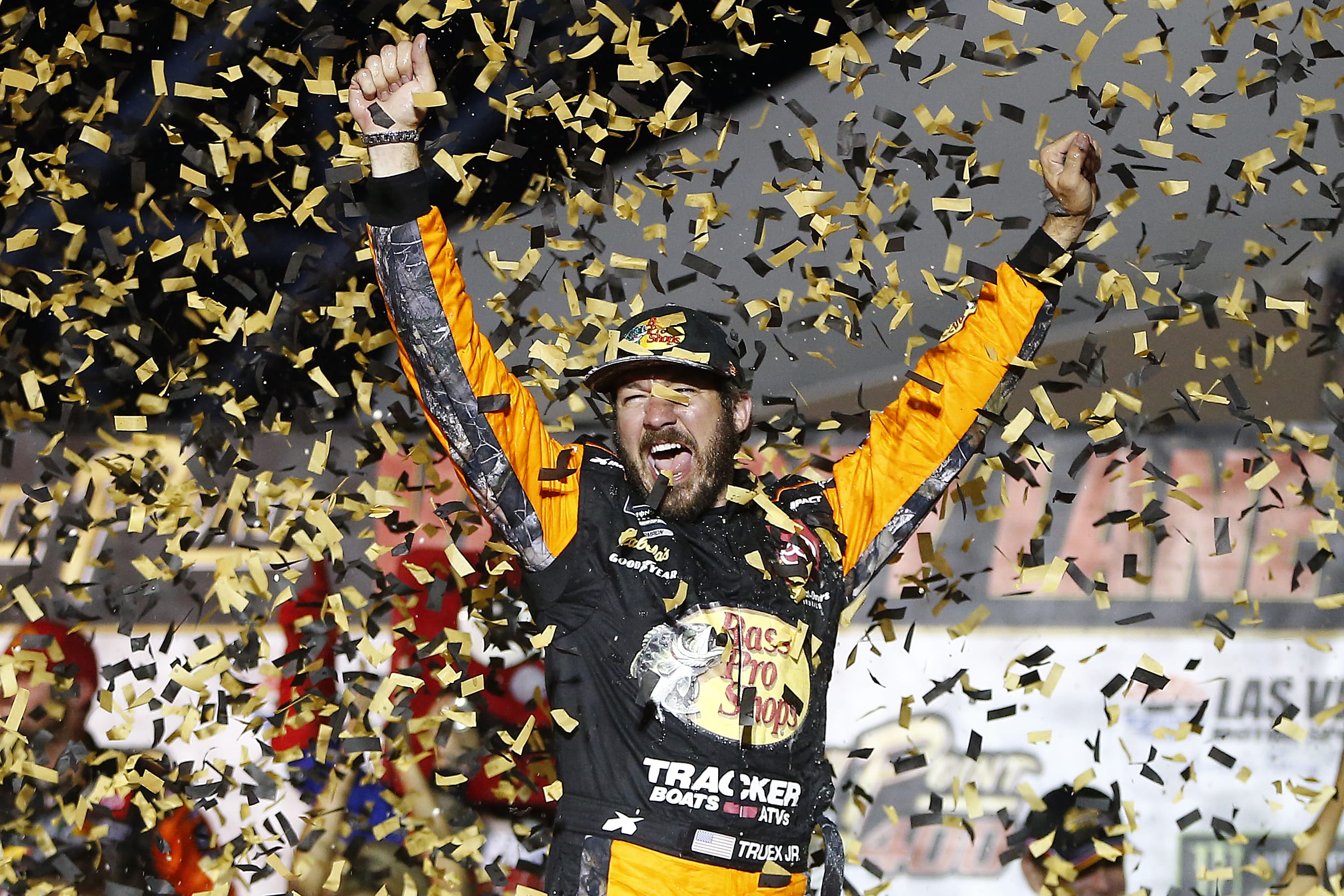 LAS VEGAS, NEVADA - SEPTEMBER 15: Martin Truex Jr., driver of the #19 Bass Pro Shops Toyota, celebrates in victory lane after winning the Monster Energy NASCAR Cup Series South Point 400 at Las Vegas Motor Speedway on September 15, 2019 in Las Vegas, Nevada. (Photo by Jonathan Ferrey/Getty Images) | Getty Images