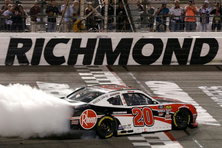 RICHMOND, VIRGINIA - SEPTEMBER 20: Christopher Bell, driver of the #20 Rheem Toyota, celebrates with a burnout after winning the NASCAR Xfinity Series GoBowling 250 at Richmond Raceway on September 20, 2019 in Richmond, Virginia. (Photo by Brian Lawdermilk/Getty Images) | Getty Images