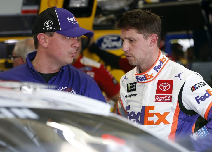 CHARLOTTE, NORTH CAROLINA - SEPTEMBER 27: Denny Hamlin, driver of the #11 FedEx Freight Toyota, looks on during practice for the Monster Energy NASCAR Cup Series Bank of America ROVAL 400 at Charlotte Motor Speedway on September 27, 2019 in Charlotte, North Carolina. (Photo by Brian Lawdermilk/Getty Images) | Getty Images