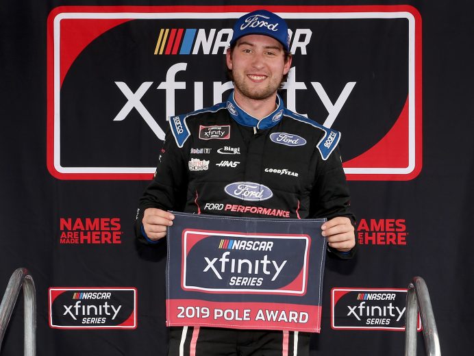 CHARLOTTE, NORTH CAROLINA - SEPTEMBER 28: Chase Briscoe, driver of the #98 Ford Performance Ford, celebrates with the Pole Award after qualifying for the NASCAR Xfinity Series Drive for the Cure 250 presented by Blue Cross Blue Shield of North Carolina at Charlotte Motor Speedway on September 28, 2019 in Charlotte, North Carolina. (Photo by Brian Lawdermilk/Getty Images) | Getty Images