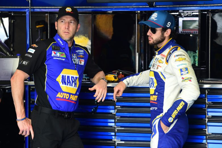 CHARLOTTE, NORTH CAROLINA - SEPTEMBER 28: Chase Elliott, driver of the #9 NAPA Auto Parts Chevrolet, stands with his crew chief Alan Gustafson in the garage area during practice for the Monster Energy NASCAR Cup Series Bank of America ROVAL 400 at Charlotte Motor Speedway on September 28, 2019 in Charlotte, North Carolina. (Photo by Jared C. Tilton/Getty Images) | Getty Images