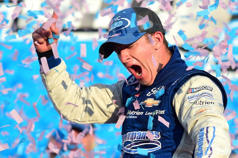 CHARLOTTE, NORTH CAROLINA - SEPTEMBER 28: A J Allmendinger, driver of the #10 Digital Ally Chevrolet, celebrates in Victory Lane after winning the NASCAR Xfinity Series Drive for the Cure 250 presented by Blue Cross Blue Shield of North Carolina at Charlotte Motor Speedway on September 28, 2019 in Charlotte, North Carolina. (Photo by Jared C. Tilton/Getty Images) | Getty Images