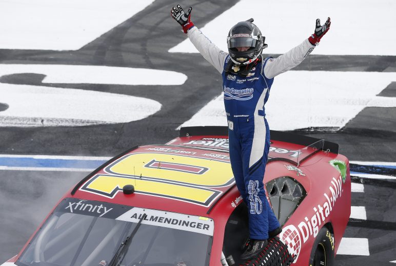 CHARLOTTE, NORTH CAROLINA - SEPTEMBER 28: A J Allmendinger, driver of the #10 Digital Ally Chevrolet, celebrates after winning the NASCAR Xfinity Series Drive for the Cure 250 presented by Blue Cross Blue Shield of North Carolina at Charlotte Motor Speedway on September 28, 2019 in Charlotte, North Carolina. (Photo by Brian Lawdermilk/Getty Images) | Getty Images