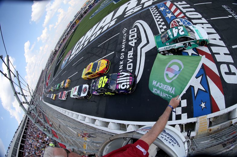 CHARLOTTE, NORTH CAROLINA - SEPTEMBER 29: William Byron, driver of the #24 UniFirst Chevrolet, lead the field to the green flag start of the Monster Energy NASCAR Cup Series Bank of America ROVAL 400 at Charlotte Motor Speedway on September 29, 2019 in Charlotte, North Carolina. (Photo by Brian Lawdermilk/Getty Images) | Getty Images