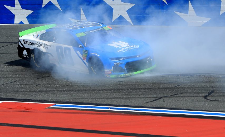 CHARLOTTE, NORTH CAROLINA - SEPTEMBER 29: Alex Bowman, driver of the #88 Nationwide Retirement Plans Chevrolet, spins out during the Monster Energy NASCAR Cup Series Bank of America ROVAL 400 at Charlotte Motor Speedway on September 29, 2019 in Charlotte, North Carolina. (Photo by Streeter Lecka/Getty Images) | Getty Images