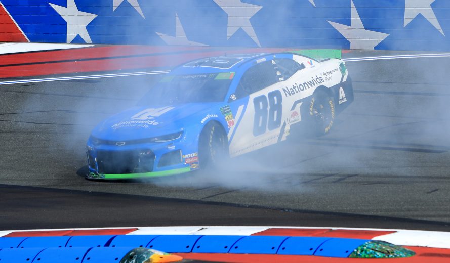 CHARLOTTE, NORTH CAROLINA - SEPTEMBER 29: Alex Bowman, driver of the #88 Nationwide Retirement Plans Chevrolet, spins out during the Monster Energy NASCAR Cup Series Bank of America ROVAL 400 at Charlotte Motor Speedway on September 29, 2019 in Charlotte, North Carolina. (Photo by Streeter Lecka/Getty Images) | Getty Images