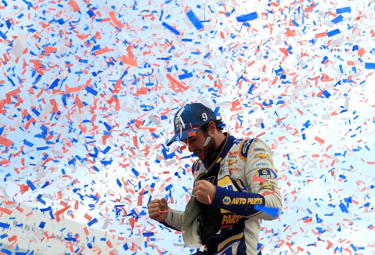 CHARLOTTE, NORTH CAROLINA - SEPTEMBER 29: Chase Elliott, driver of the #9 NAPA Auto Parts Chevrolet, celebrates after winning the Monster Energy NASCAR Cup Series Bank of America ROVAL 400 at Charlotte Motor Speedway on September 29, 2019 in Charlotte, North Carolina. (Photo by Streeter Lecka/Getty Images) | Getty Images