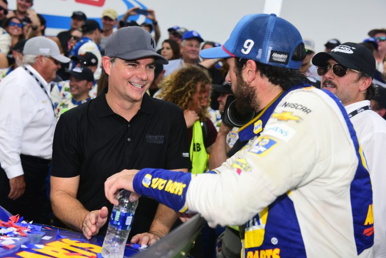 CHARLOTTE, NORTH CAROLINA - SEPTEMBER 29: Chase Elliott, driver of the #9 NAPA Auto Parts Chevrolet, is congratulated by NASCAR Hall of Famer Jeff Gordon in Victory Lane after winning the Monster Energy NASCAR Cup Series Bank of America ROVAL 400 at Charlotte Motor Speedway on September 29, 2019 in Charlotte, North Carolina. (Photo by Jared C. Tilton/Getty Images) | Getty Images