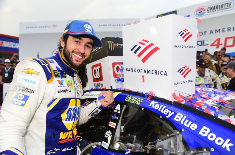 CHARLOTTE, NORTH CAROLINA - SEPTEMBER 29: Chase Elliott, driver of the #9 NAPA Auto Parts Chevrolet, poses with the winner’s decal on his car in Victory Lane after winning the Monster Energy NASCAR Cup Series Bank of America ROVAL 400 at Charlotte Motor Speedway on September 29, 2019 in Charlotte, North Carolina. (Photo by Jared C. Tilton/Getty Images) | Getty Images