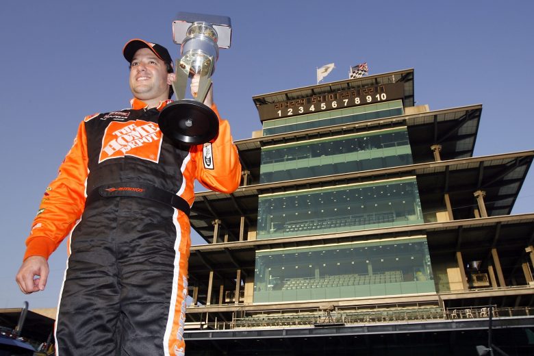 INDIANAPOLIS - JULY 29:  Tony Stewart, driver of the #20 Home Depot Chevrolet, celebrates after winning the NASCAR Nextel Cup Series 14th Allstate 400 at the Brickyard at Indianapolis Motor Speedway on July 29, 2007 in Indianapolis, Indiana.  (Photo by Chris Graythen/Getty Images for NASCAR) | Getty Images