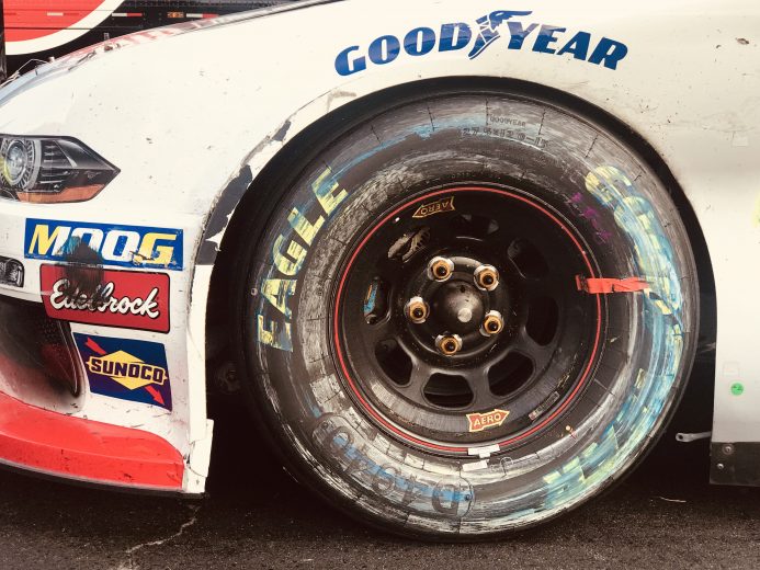 The scuffed left-front tire on the No. 98 driven by Chase Briscoe.