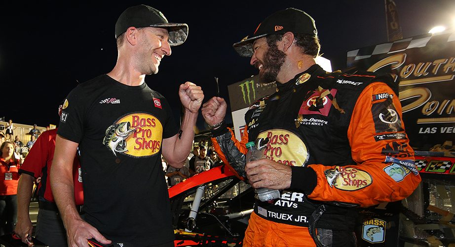 LAS VEGAS, NEVADA - SEPTEMBER 15: Martin Truex Jr., driver of the #19 Bass Pro Shops Toyota, and crew chief Cole Pearn celebrates in victory lane after winning the Monster Energy NASCAR Cup Series South Point 400 at Las Vegas Motor Speedway on September 15, 2019 in Las Vegas, Nevada. (Photo by Chris Graythen/Getty Images) | Getty Images