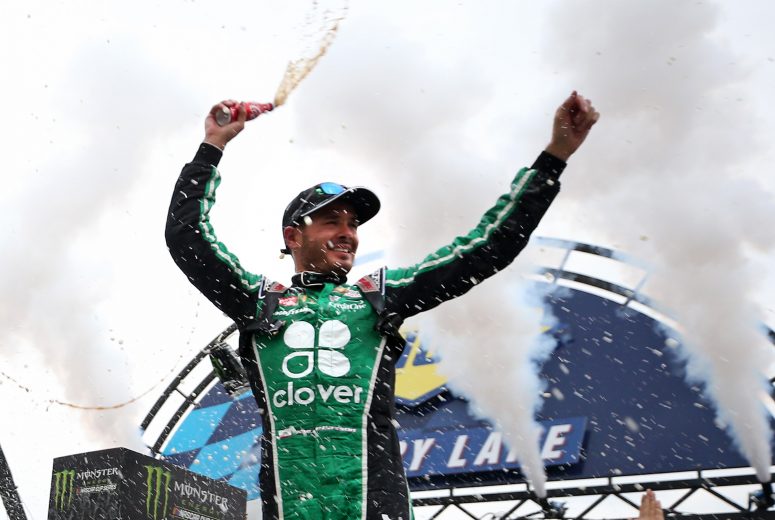 DOVER, DELAWARE - OCTOBER 06: Kyle Larson, driver of the #42 Clover Chevrolet, celebrates in Victory Lane after winning the Monster Energy NASCAR Cup Series Drydene 400 at Dover International Speedway on October 06, 2019 in Dover, Delaware. (Photo by Matt Sullivan/Getty Images) | Getty Images