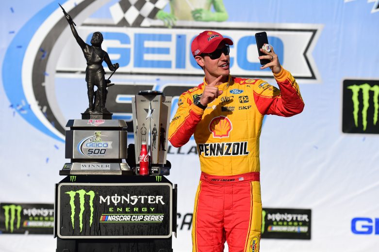 TALLADEGA, AL - APRIL 29: Joey Logano, driver of the #22 Shell Pennzoil/Autotrader Ford, celebrates in Victory Lane after winning the Monster Energy NASCAR Cup Series GEICO 500 at Talladega Superspeedway on April 29, 2018 in Talladega, Alabama. (Photo by Jared C. Tilton/Getty Images) | Getty Images