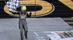 Sam Mayer celebrates his K&N East title at Dover International Speedway.