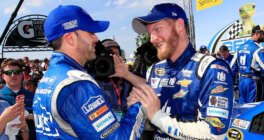 Jimmie Johnson congratulates Dale Earnhardt Jr. in Talladega Victory Lane in 2015