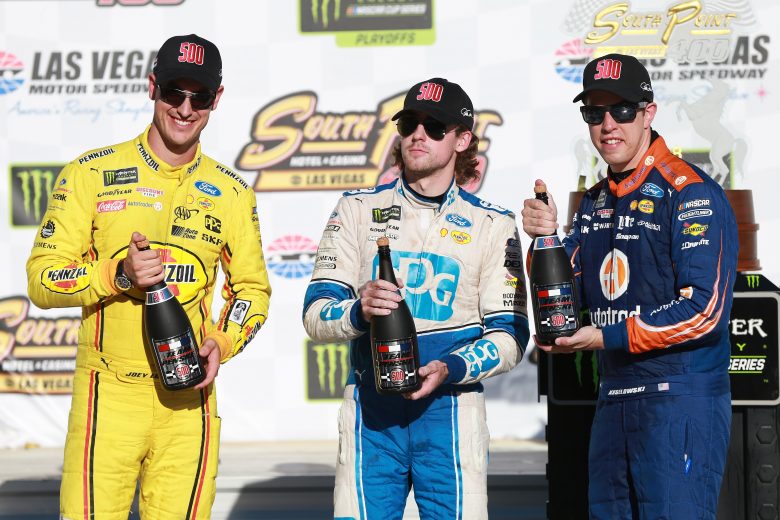 LAS VEGAS, NV - SEPTEMBER 16:  Team Penske including Brad Keselowski, driver of the #2 Discount Tire Ford, Joey Logano, driver of the #22 Shell Pennzoil Ford, and Ryan Blaney, driver of the #12 BODYARMOR Ford, celebrate their 500th win after the Monster Energy NASCAR Cup Series SouthPoint 400 at Las Vegas Motor Speedway on September 16, 2018 in Las Vegas, Nevada.  (Photo by Matt Sullivan/Getty Images) | Getty Images