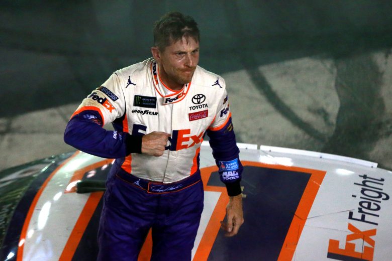 BRISTOL, TENNESSEE - AUGUST 17: Denny Hamlin, driver of the #11 FedEx Freight Toyota, celebrates after winning the Monster Energy NASCAR Cup Series Bass Pro Shops NRA Night Race at Bristol Motor Speedway on August 17, 2019 in Bristol, Tennessee. (Photo by Sean Gardner/Getty Images) | Getty Images