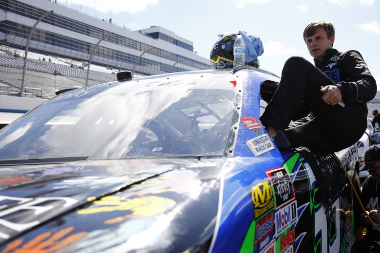 DOVER, DELAWARE - OCTOBER 05: Joey Gase, driver of the #35 Gift of Life Donor Program Toyota, stands on the grid during qualifying for the NASCAR Xfinity Series Use Your Melon Drive Sober 200 at Dover International Speedway on October 05, 2019 in Dover, Delaware. (Photo by Jeff Zelevansky/Getty Images)