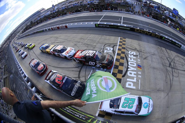 DOVER, DELAWARE - OCTOBER 05: Austin Cindric, driver of the #22 MoneyLion Ford, and Cole Custer, driver of the #00 Production Alliance Group Ford, take the green flag to start the NASCAR Xfinity Series Use Your Melon Drive Sober 200 at Dover International Speedway on October 05, 2019 in Dover, Delaware. (Photo by Chris Trotman/Getty Images) | Getty Images
