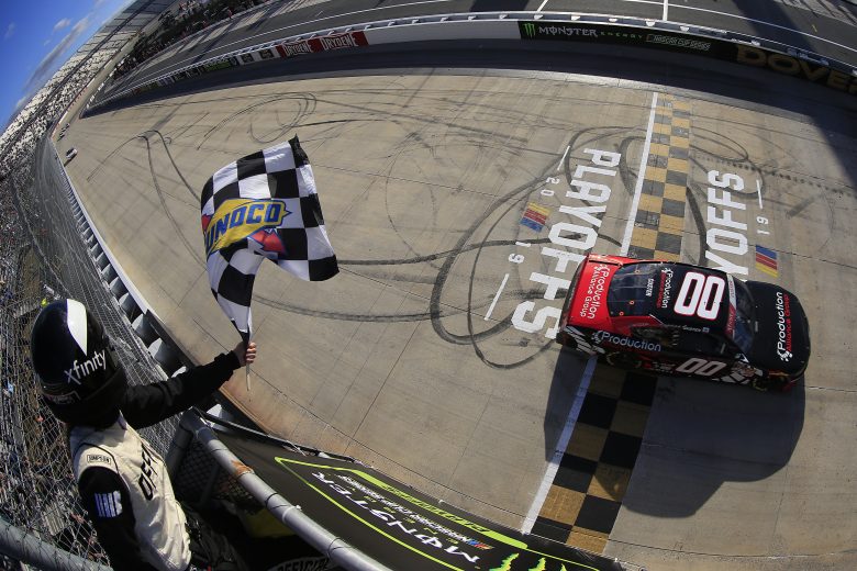 DOVER, DELAWARE - OCTOBER 05: Cole Custer, driver of the #00 Production Alliance Group Ford, takes the checkered flag to win the NASCAR Xfinity Series Use Your Melon Drive Sober 200 at Dover International Speedway on October 05, 2019 in Dover, Delaware. (Photo by Chris Trotman/Getty Images) | Getty Images