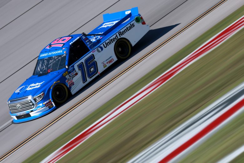 TALLADEGA, ALABAMA - OCTOBER 11: Austin Hill, driver of the #16 United Rentals Toyota, practices for the NASCAR Gander Outdoor Truck Series Sugarlands Shine 250 at Talladega Superspeedway on October 11, 2019 in Talladega, Alabama. (Photo by Sean Gardner/Getty Images) | Getty Images