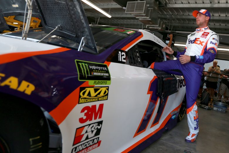 TALLADEGA, ALABAMA - OCTOBER 11: Denny Hamlin, driver of the #11 FedEx Ground Toyota, climbs into his car during practice for the Monster Energy NASCAR Cup Series 1000Bulbs.com 500 at Talladega Superspeedway on October 11, 2019 in Talladega, Alabama. (Photo by Sean Gardner/Getty Images) | Getty Images
