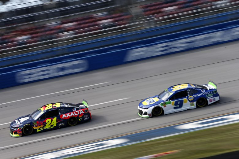 TALLADEGA, ALABAMA - OCTOBER 11: William Byron, driver of the #24 Axalta Chevrolet, leads Chase Elliott, driver of the #9 NAPA Night Vision Chevrolet, during practice for the Monster Energy NASCAR Cup Series 1000Bulbs.com 500 at Talladega Superspeedway on October 11, 2019 in Talladega, Alabama. (Photo by Brian Lawdermilk/Getty Images) | Getty Images