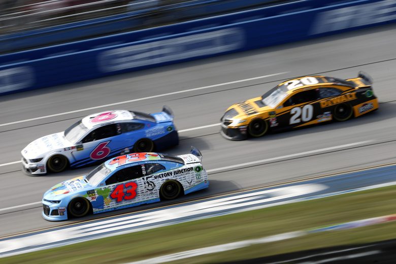 TALLADEGA, ALABAMA - OCTOBER 11: Bubba Wallace, driver of the #43 Victory Junction Chevrolet, and Ryan Newman, driver of the #6 Wyndham Rewards Ford, lead Erik Jones, driver of the #20 DeWalt Toyota, during practice for the Monster Energy NASCAR Cup Series 1000Bulbs.com 500 at Talladega Superspeedway on October 11, 2019 in Talladega, Alabama. (Photo by Brian Lawdermilk/Getty Images) | Getty Images