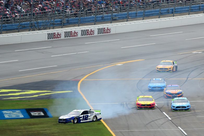 TALLADEGA, ALABAMA - OCTOBER 13: Ryan Blaney, driver of the #12 Dent Wizard Ford, spins as he enters pit lane during Monster Energy NASCAR Cup Series 1000Bulbs.com 500 at Talladega Superspeedway on October 13, 2019 in Talladega, Alabama. (Photo by Jared C. Tilton/Getty Images) | Getty Images