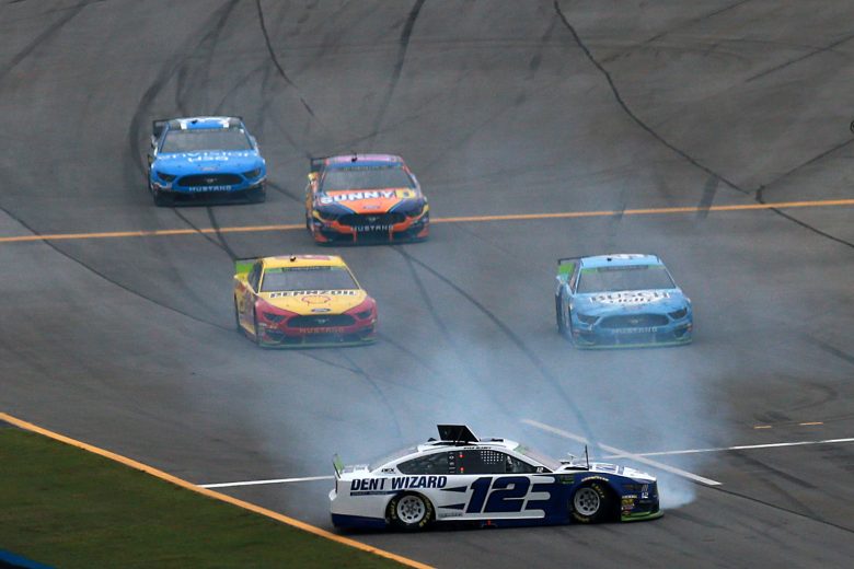 TALLADEGA, ALABAMA - OCTOBER 13: Ryan Blaney, driver of the #12 Dent Wizard Ford, spins during Monster Energy NASCAR Cup Series 1000Bulbs.com 500 at Talladega Superspeedway on October 13, 2019 in Talladega, Alabama. (Photo by Sean Gardner/Getty Images) | Getty Images