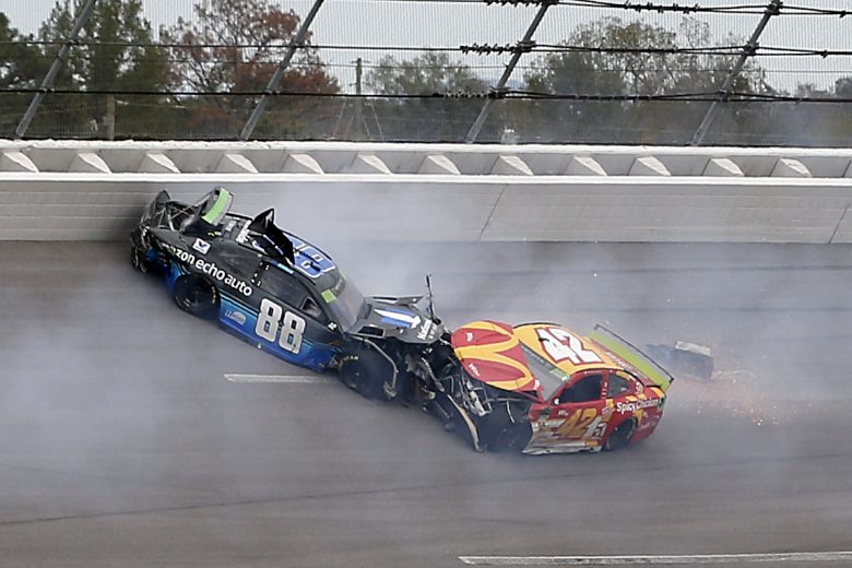 TALLADEGA, ALABAMA - OCTOBER 14: Kyle Larson, driver of the #42 McDonald's Chevrolet, wrecks during the Monster Energy NASCAR Cup Series 1000Bulbs.com 500 at Talladega Superspeedway on October 14, 2019 in Talladega, Alabama. (Photo by Brian Lawdermilk/Getty Images) | Getty Images