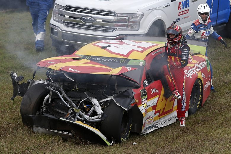 TALLADEGA, ALABAMA - OCTOBER 14: Kyle Larson, driver of the #42 McDonald's Chevrolet, wrecks during the Monster Energy NASCAR Cup Series 1000Bulbs.com 500 at Talladega Superspeedway on October 14, 2019 in Talladega, Alabama. (Photo by Brian Lawdermilk/Getty Images) | Getty Images
