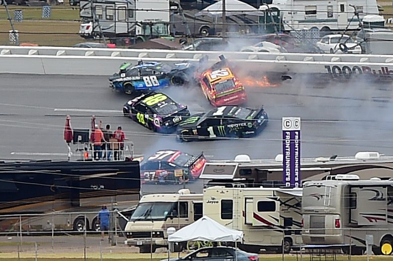TALLADEGA, ALABAMA - OCTOBER 14: Alex Bowman, driver of the #88 Nationwide/Amazon Echo Auto Chevrolet, Kyle Larson, driver of the #42 McDonald's Chevrolet, and Jimmie Johnson, driver of the #48 Ally Chevrolet, wreck during the Monster Energy NASCAR Cup Series 1000Bulbs.com 500 at Talladega Superspeedway on October 14, 2019 in Talladega, Alabama. (Photo by Jared C. Tilton/Getty Images) | Getty Images
