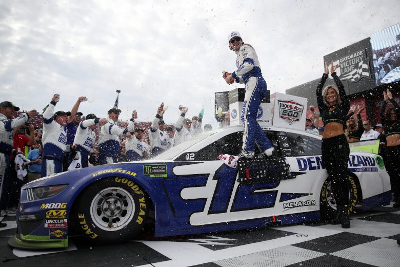 TALLADEGA, ALABAMA - OCTOBER 14: Ryan Blaney, driver of the #12 Dent Wizard Ford, celebrates in Victory Lane after winning the Monster Energy NASCAR Cup Series 1000Bulbs.com 500 at Talladega Superspeedway on October 14, 2019 in Talladega, Alabama. (Photo by Chris Graythen/Getty Images) | Getty Images