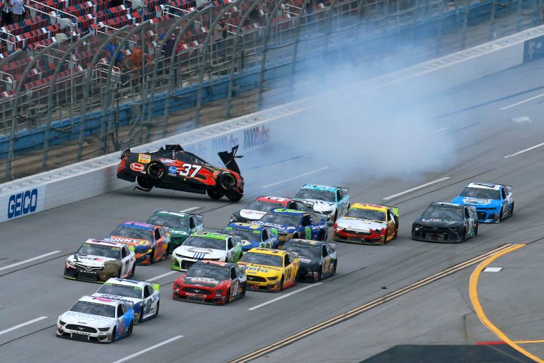TALLADEGA, ALABAMA - OCTOBER 14: Chris Buescher, driver of the #37 Louisiana Hot Sauce Chevrolet, is involved in an on-track incident on the last lap of the Monster Energy NASCAR Cup Series 1000Bulbs.com 500 at Talladega Superspeedway on October 14, 2019 in Talladega, Alabama. (Photo by Sean Gardner/Getty Images) | Getty Images