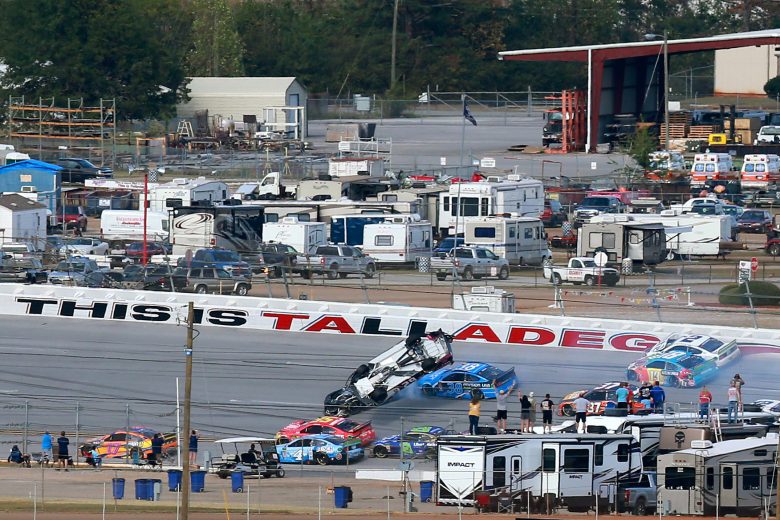 TALLADEGA, ALABAMA - OCTOBER 14: Brendan Gaughan, driver of the #62 BeardOilDistributing/SouthPointHotel&Casino Chevrolet, flips upside down during the Monster Energy NASCAR Cup Series 1000Bulbs.com 500 at Talladega Superspeedway on October 14, 2019 in Talladega, Alabama. (Photo by Sean Gardner/Getty Images) | Getty Images