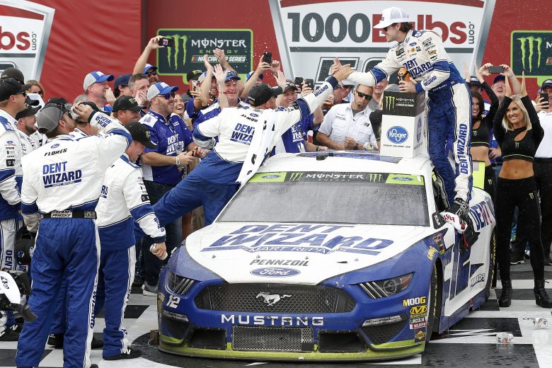 TALLADEGA, ALABAMA - OCTOBER 14: Ryan Blaney, driver of the #12 Dent Wizard Ford, celebrates in Victory Lane after winning the Monster Energy NASCAR Cup Series 1000Bulbs.com 500 at Talladega Superspeedway on October 14, 2019 in Talladega, Alabama. (Photo by Brian Lawdermilk/Getty Images) | Getty Images