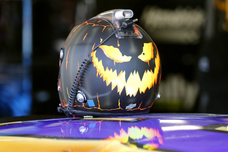 KANSAS CITY, KANSAS - OCTOBER 18: A detailed look at the helmet worn by Kyle Busch, driver of the #18 M&M's Halloween Toyota, during practice for the Monster Energy NASCAR Cup Series Hollywood Casino 400 at Kansas Speedway on October 18, 2019 in Kansas City, Kansas. (Photo by Brian Lawdermilk/Getty Images) | Getty Images