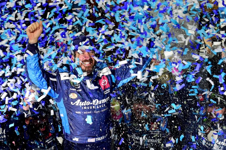 MARTINSVILLE, VIRGINIA - OCTOBER 27: Martin Truex Jr, driver of the #19 Auto Owners Insurance Toyota, celebrates in Victory Lane after winning the Monster Energy NASCAR Cup Series First Data 500 at Martinsville Speedway on October 27, 2019 in Martinsville, Virginia. (Photo by Jared C. Tilton/Getty Images) | Getty Images