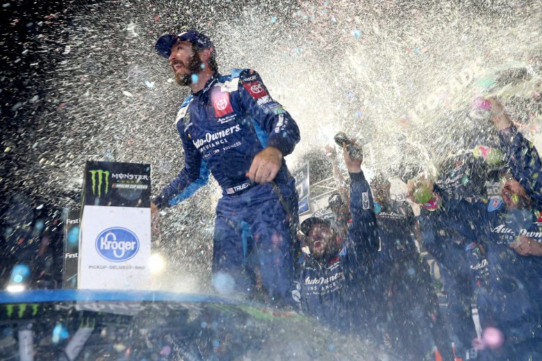 MARTINSVILLE, VIRGINIA - OCTOBER 27: Martin Truex Jr, driver of the #19 Auto Owners Insurance Toyota, celebrates in Victory Lane after winning the Monster Energy NASCAR Cup Series First Data 500 at Martinsville Speedway on October 27, 2019 in Martinsville, Virginia. (Photo by Matt Sullivan/Getty Images) | Getty Images