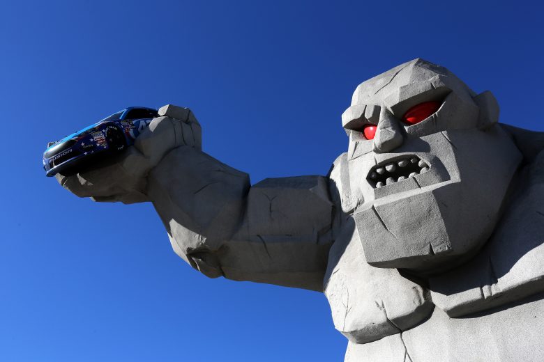 DOVER, DE - SEPTEMBER 30:  Miles the Monster holds the #43 Smithfield Ford in the fanzone during practice for the Monster Energy NASCAR Cup Series Apache Warrior 400 presented by Lucas Oil at Dover International Speedway on September 30, 2017 in Dover, Delaware.  (Photo by Jerry Markland/Getty Images) | Getty Images