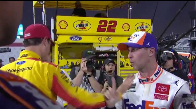 Featured image for Denny Hamlin, Joey Logano tangle on pit road following Martinsville