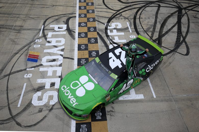 DOVER, DELAWARE - OCTOBER 06: Kyle Larson, driver of the #42 Clover Chevrolet, celebrates with a burnout after winning the Monster Energy NASCAR Cup Series Drydene 400 at Dover International Speedway on October 06, 2019 in Dover, Delaware. (Photo by Chris Trotman/Getty Images) | Getty Images