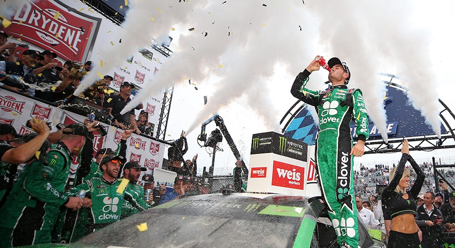 DOVER, DELAWARE - OCTOBER 06: Kyle Larson, driver of the #42 Clover Chevrolet, celebrates in Victory Lane after winning the Monster Energy NASCAR Cup Series Drydene 400 at Dover International Speedway on October 06, 2019 in Dover, Delaware. (Photo by Matt Sullivan/Getty Images) | Getty Images