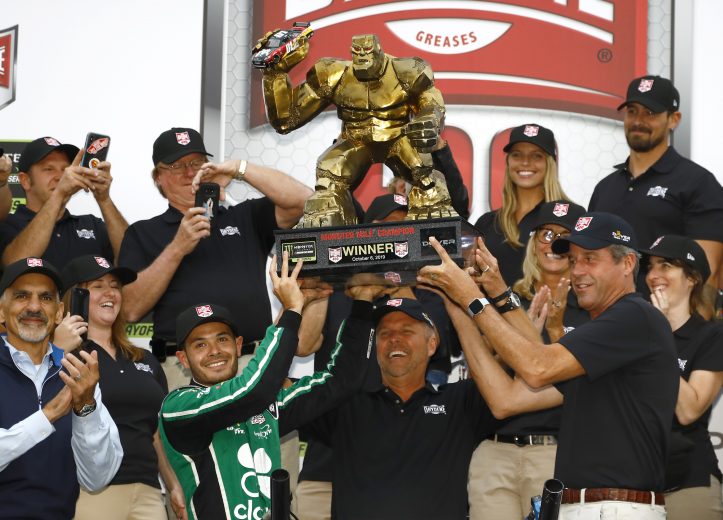 DOVER, DELAWARE - OCTOBER 06: Kyle Larson, driver of the #42 Clover Chevrolet, celebrates in Victory Lane after winning the Monster Energy NASCAR Cup Series Drydene 400 at Dover International Speedway on October 06, 2019 in Dover, Delaware. (Photo by Jeff Zelevansky/Getty Images)