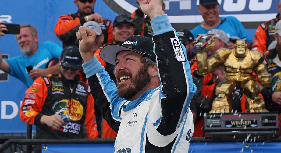 DOVER, DE - MAY 06: Martin Truex Jr., driver of the #19 SiriusXM Toyota, celebrates in Victory Lane after winning the Monster Energy NASCAR Cup Series Gander RV 400 at Dover International Speedway on May 6, 2019 in Dover, Delaware. (Photo by Matt Sullivan/Getty Images) | Getty Images