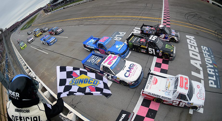 TALLADEGA, ALABAMA - OCTOBER 12: Spencer Boyd, driver of the #20 Alabama Roofing Professionals Chevrolet, crosses the finish line to win the NASCAR Gander Outdoor Truck Series Sugarlands Shine 250 at Talladega Superspeedway on October 12, 2019 in Talladega, Alabama. (Photo by Jared C. Tilton/Getty Images) | Getty Images