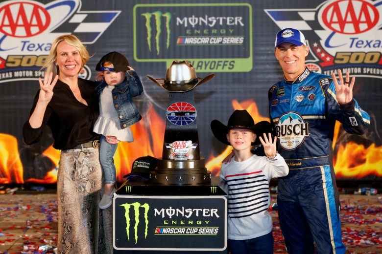 FORT WORTH, TEXAS - NOVEMBER 03: Kevin Harvick, driver of the #4 Busch Beer/Ducks Unlimited Ford, celebrates in Victory Lane with his wife, Delana, and their children, Keelan(right) and Piper, after winning the Monster Energy NASCAR Cup Series AAA Texas 500 at Texas Motor Speedway on November 03, 2019 in Fort Worth, Texas. (Photo by Brian Lawdermilk/Getty Images) | Getty Images