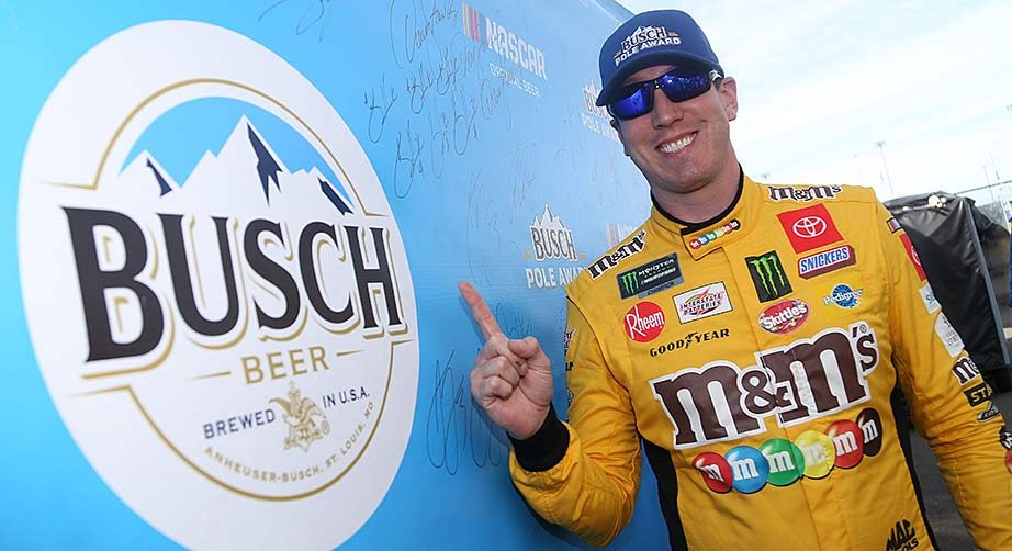 Kyle Busch celebrates his first Busch Pole Award of the season.